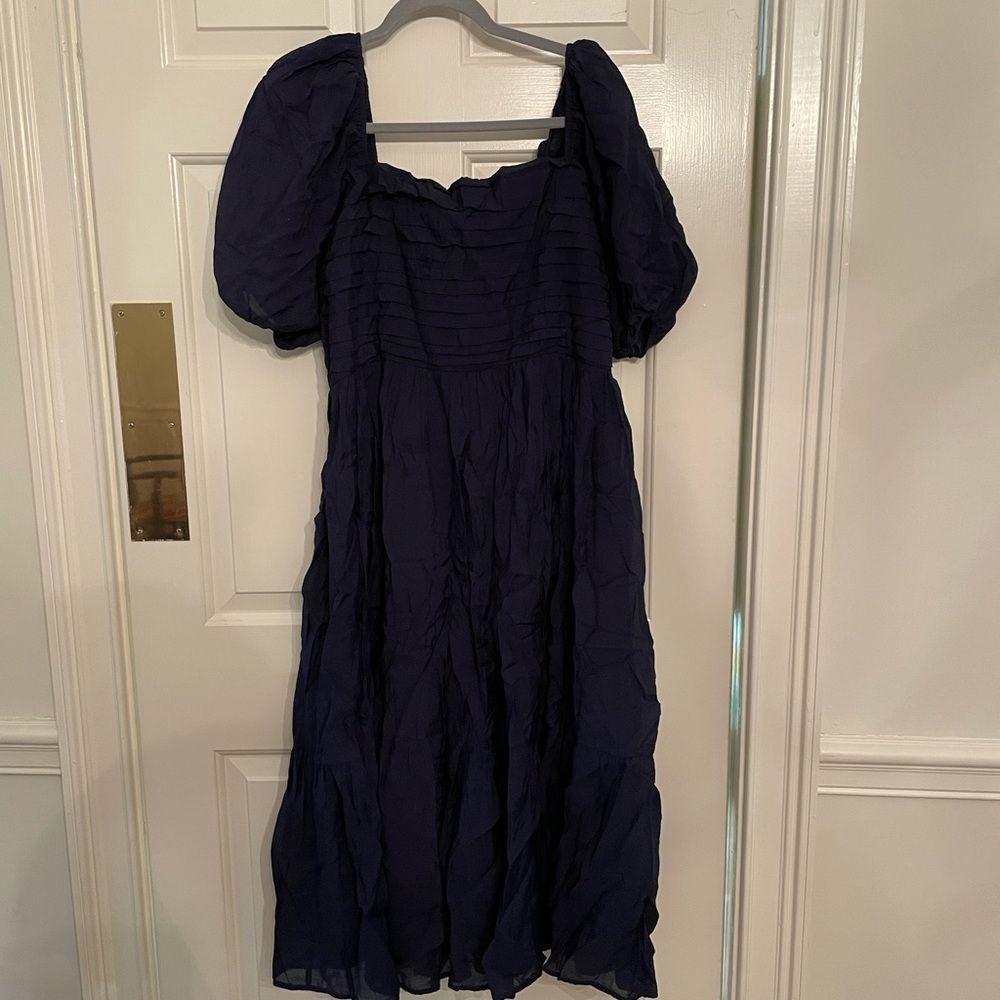 Abercrombie & Fitch Blue Ruched Puff Sleeve Midi Dress